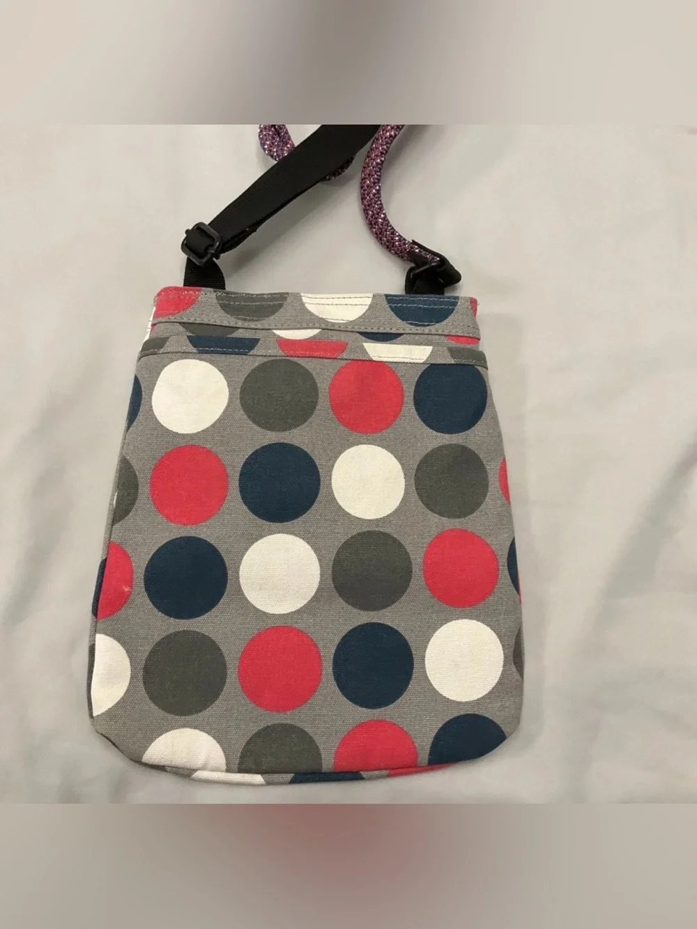 Kavu Gray Messenger Bag with Red, Navy & White Polka Dots